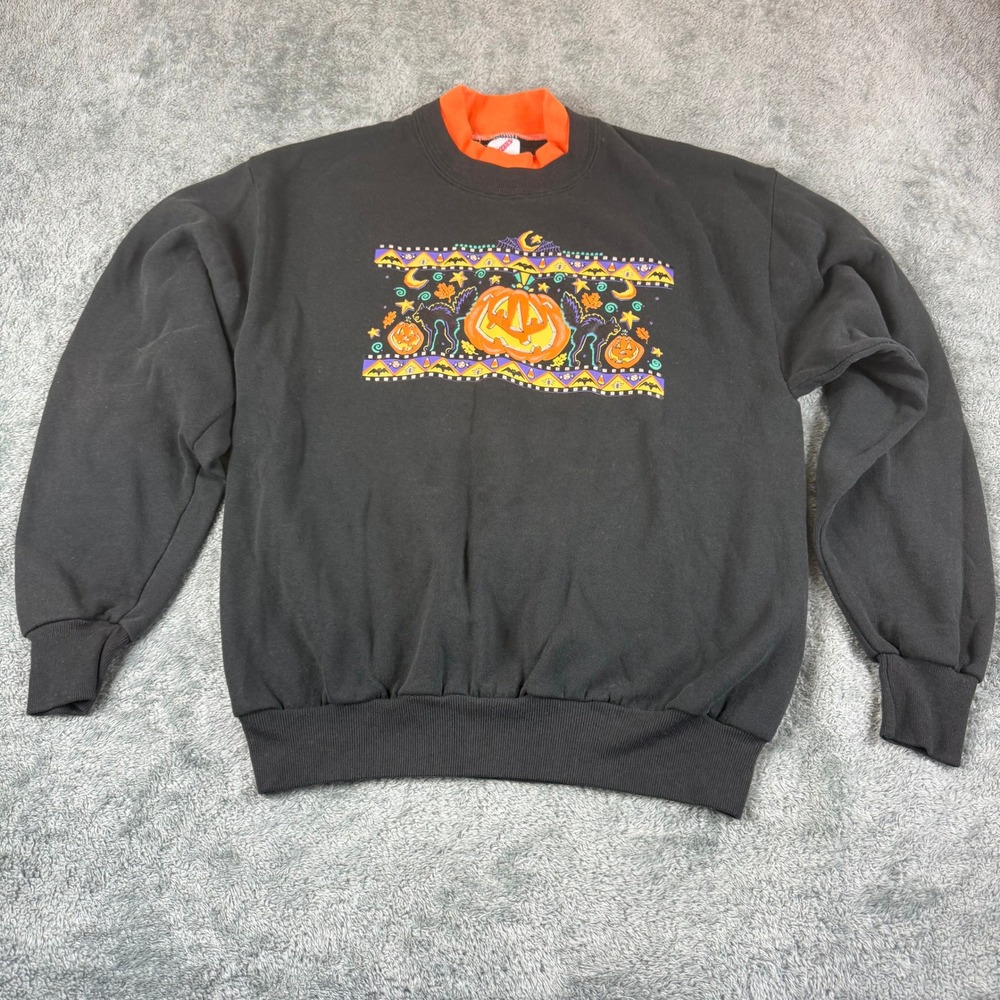 Vintage Jerzees Halloween Sweatshirt Black Mock Neck Pumpkin Cat 90s USA M